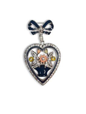 HSM Enamel Rhinestone Heart Bow Brooch 1992 Dangle Floral